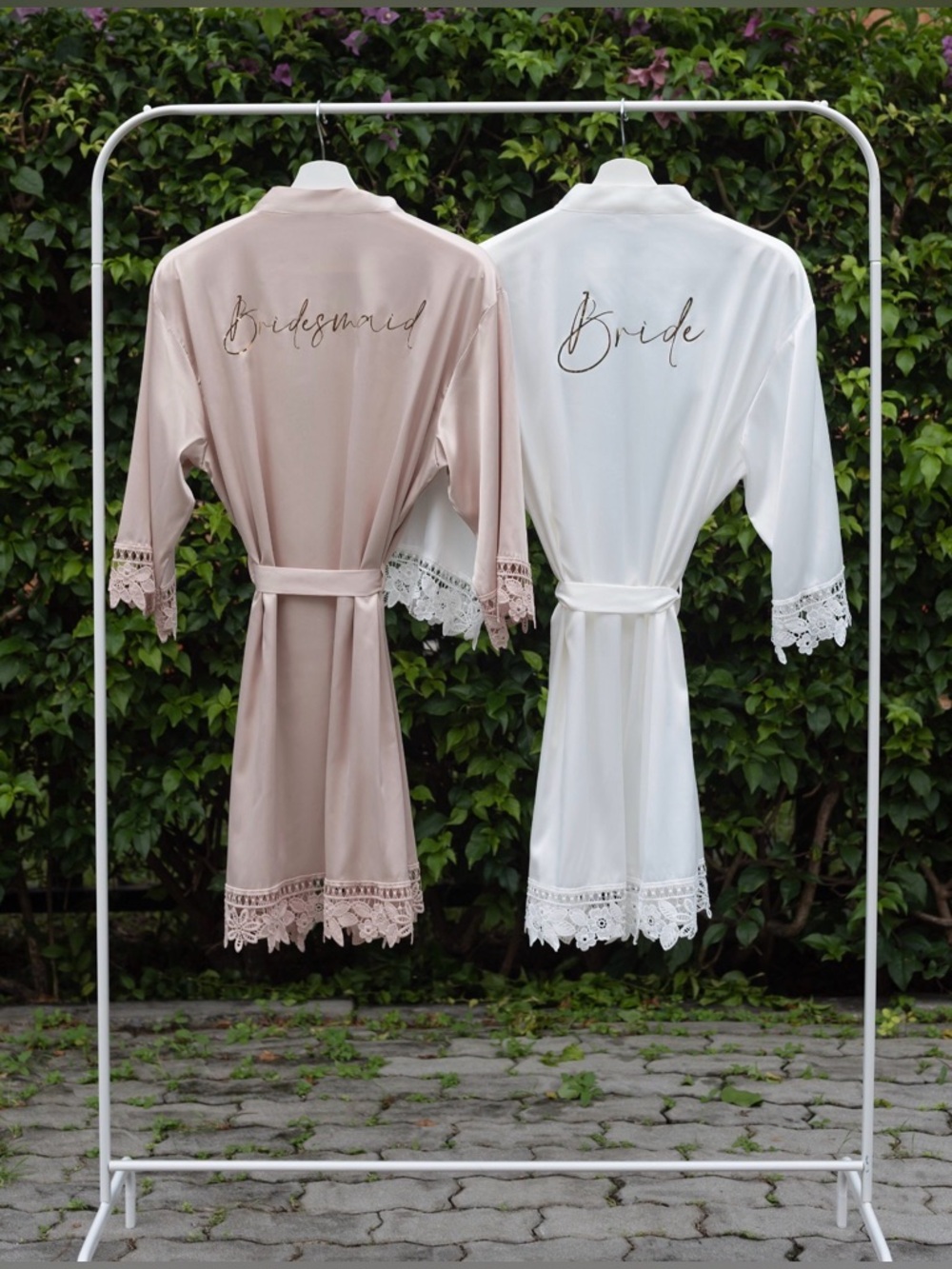 Bridesmaid Satin Robe with Lace Trim - Champagne color